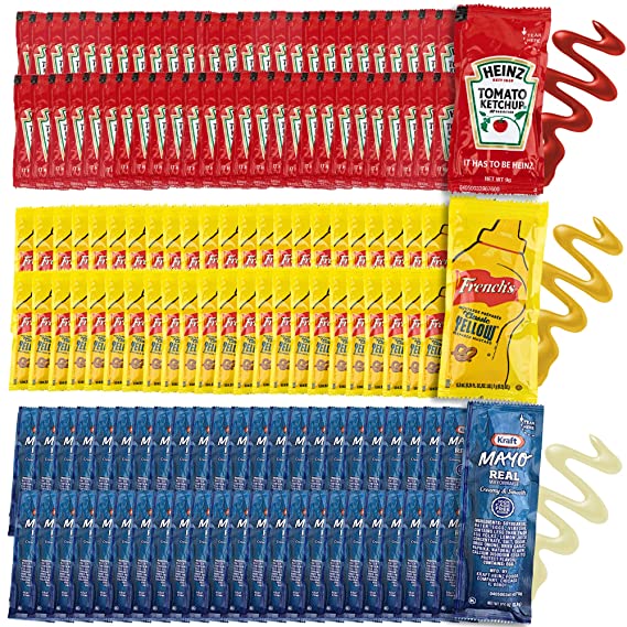 grab-n-go condiment packs - 50 single serve pouches of each: ketchup, mustard, relish, and mayo - (200 condiment packets total)